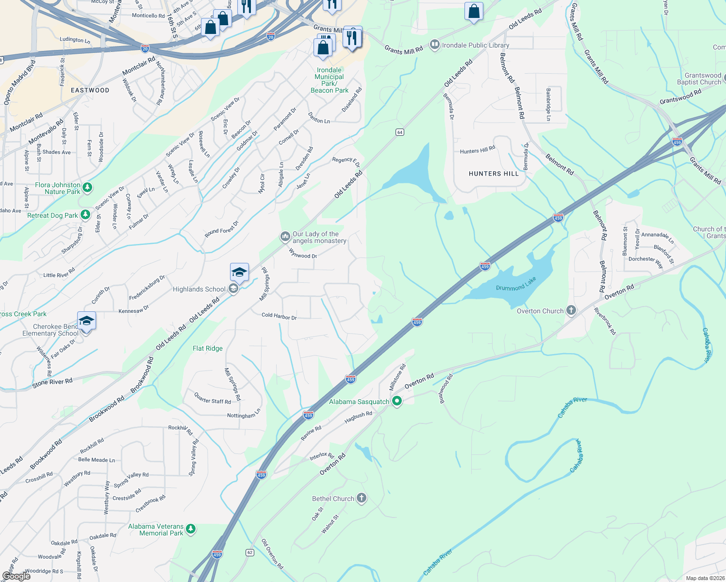 map of restaurants, bars, coffee shops, grocery stores, and more near 4979 Spring Rock Road in Birmingham