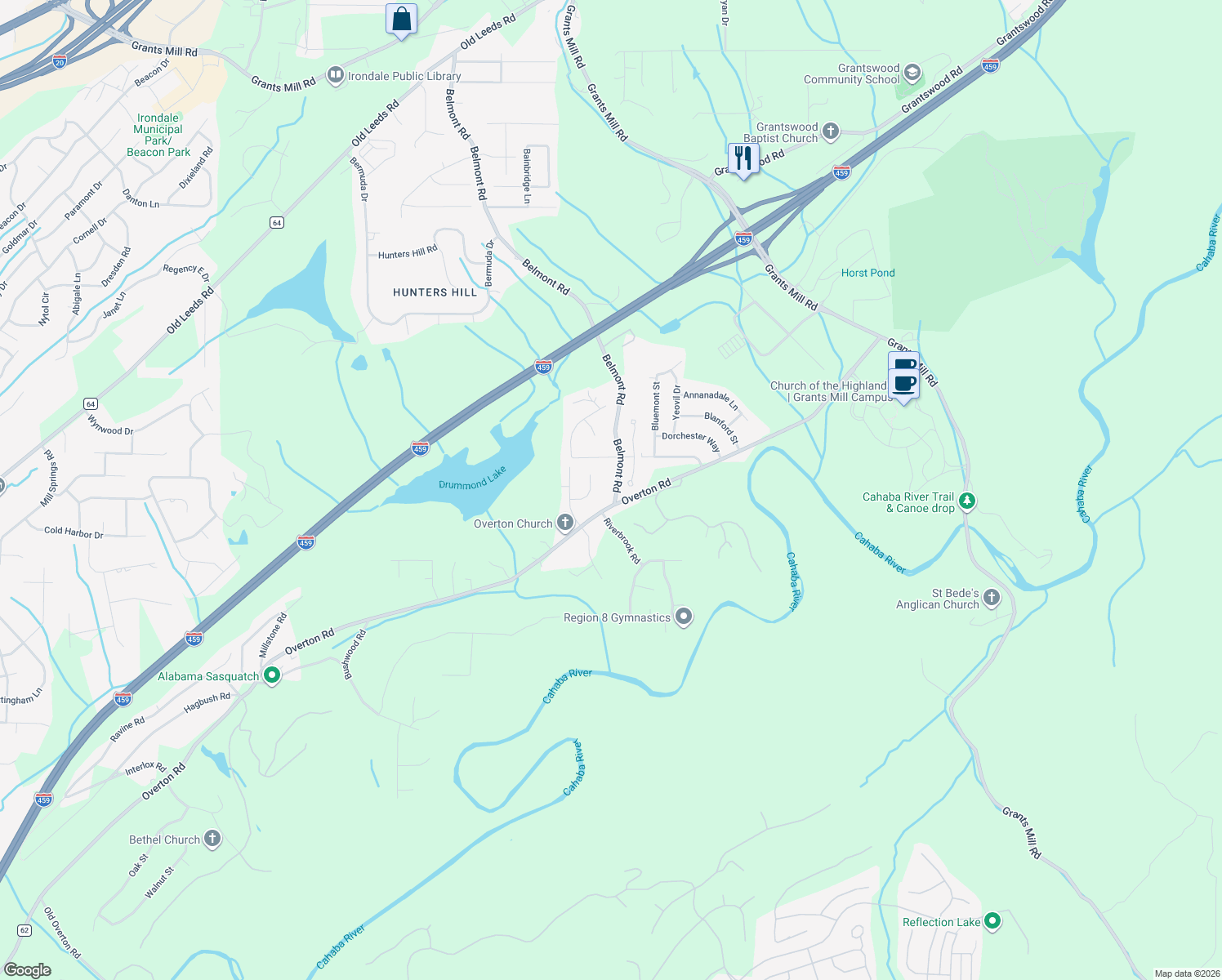 map of restaurants, bars, coffee shops, grocery stores, and more near 3890 Belmont Road in Irondale