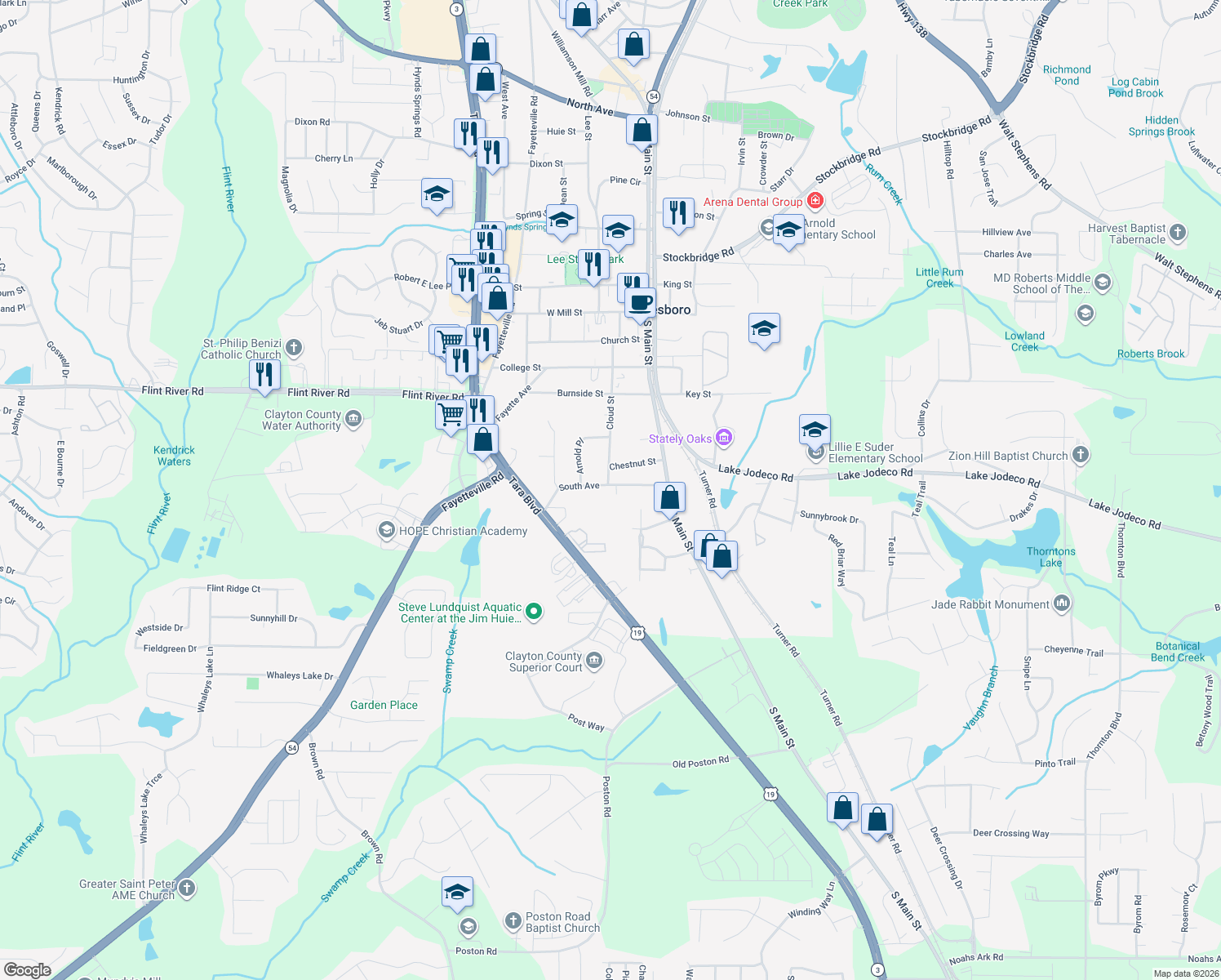 map of restaurants, bars, coffee shops, grocery stores, and more near 129 South Ave in Jonesboro