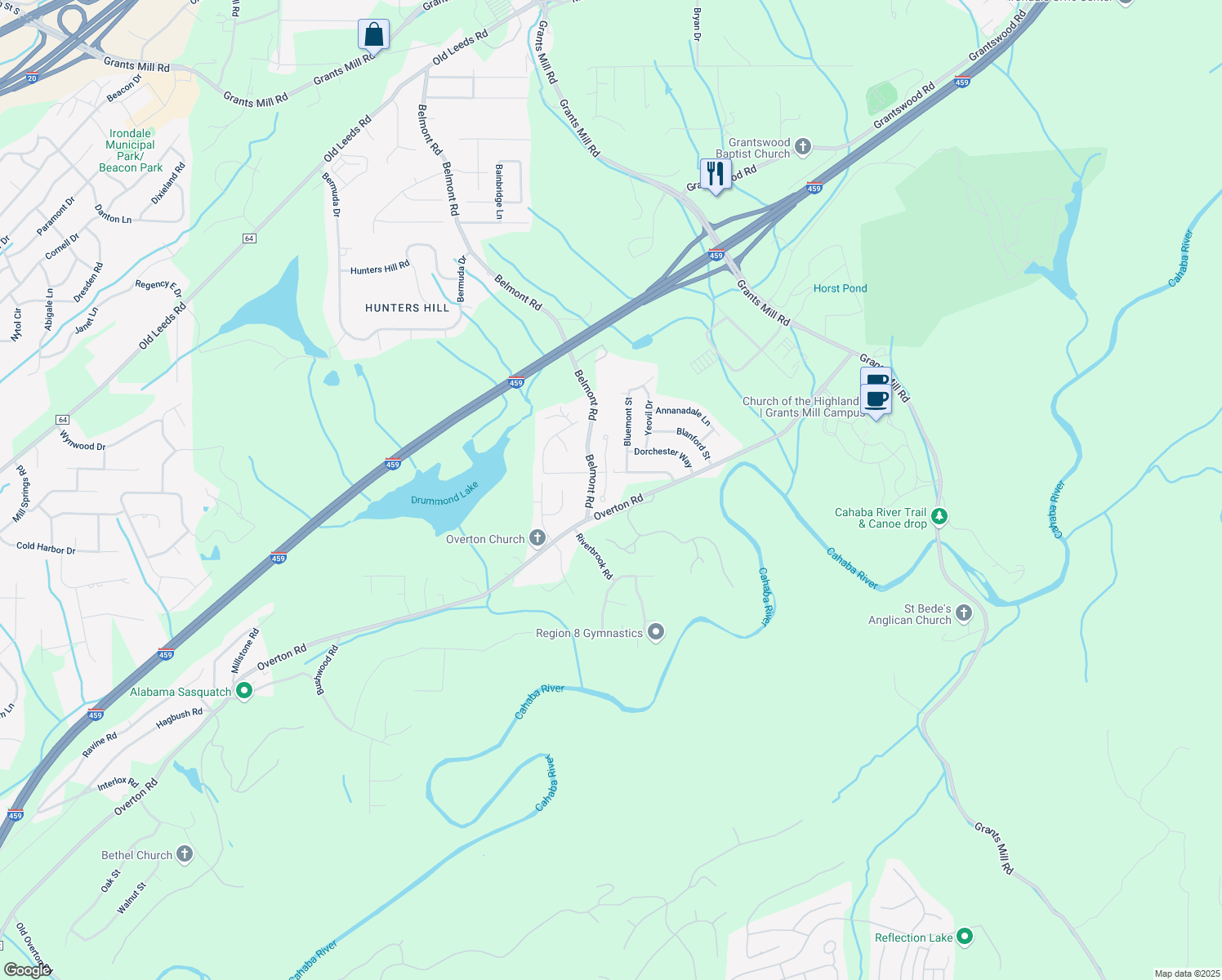 map of restaurants, bars, coffee shops, grocery stores, and more near 343 Barrington Court in Irondale