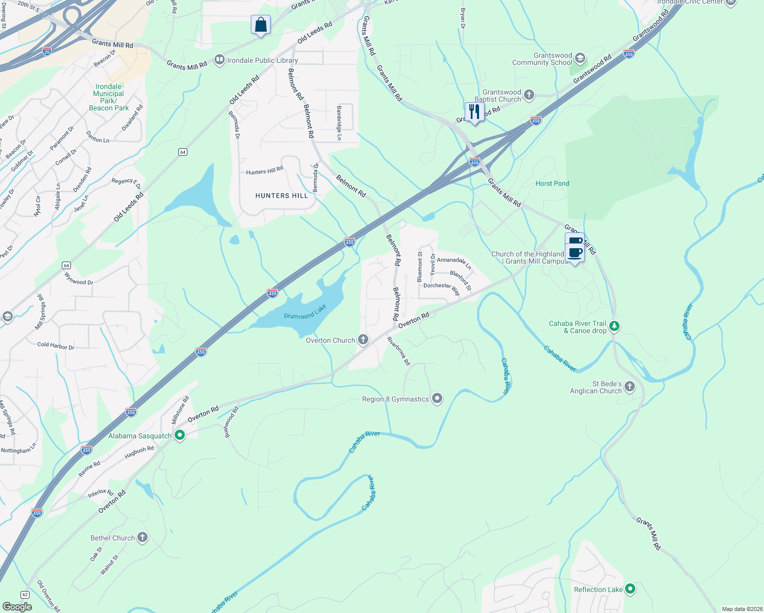 map of restaurants, bars, coffee shops, grocery stores, and more near 5616 Alexandria Drive in Irondale
