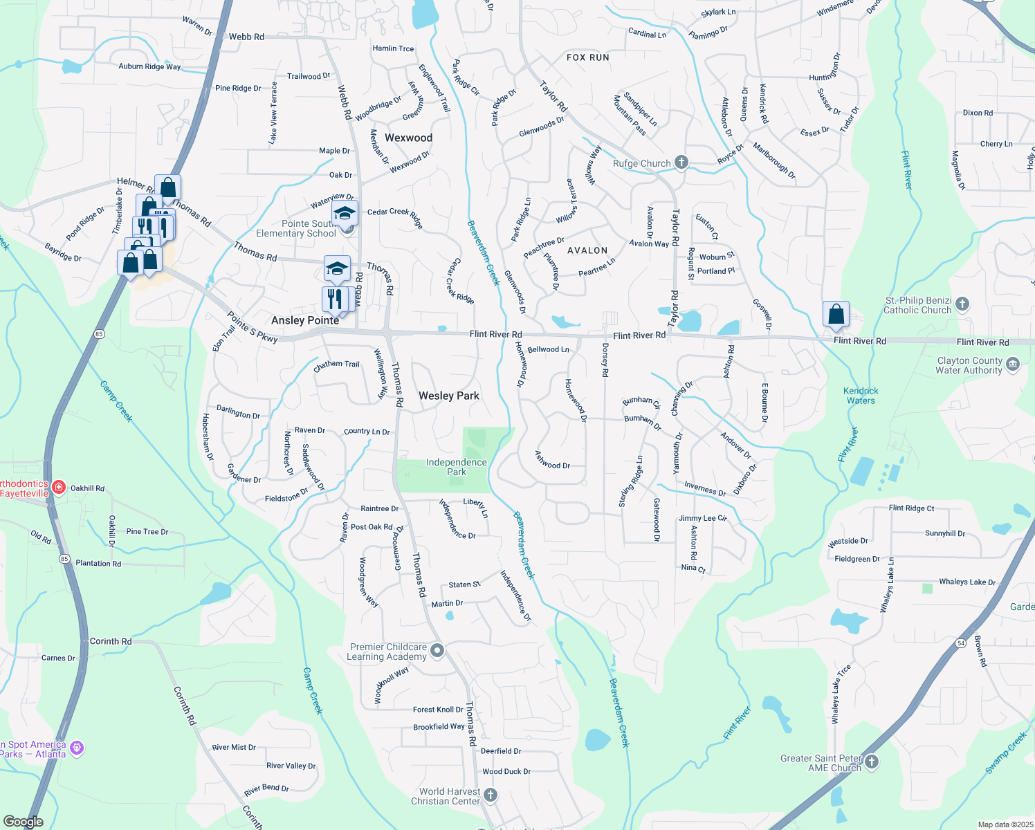 map of restaurants, bars, coffee shops, grocery stores, and more near 9148 Homewood Drive in Riverdale