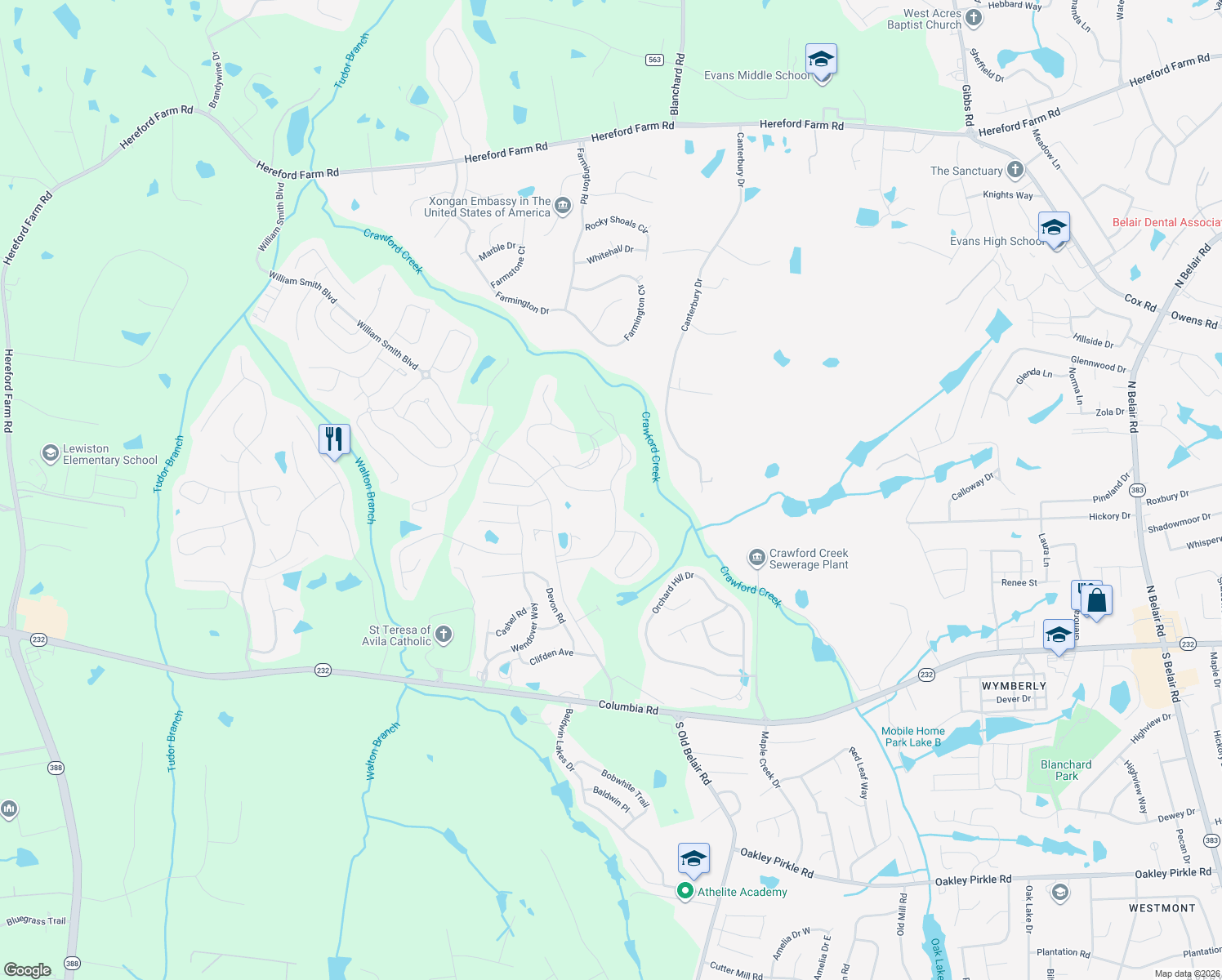 map of restaurants, bars, coffee shops, grocery stores, and more near 204 North Old Belair Road in Grovetown
