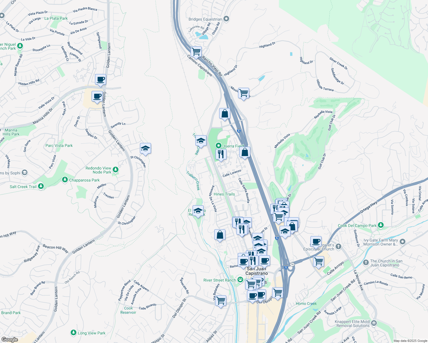 map of restaurants, bars, coffee shops, grocery stores, and more near 30882 Avenida De La Vista in San Juan Capistrano