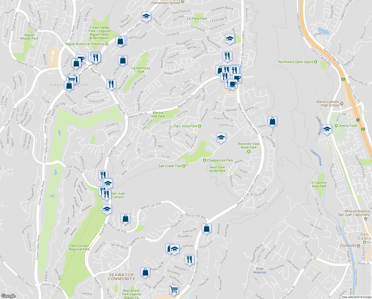 map of restaurants, bars, coffee shops, grocery stores, and more near 6 Ravello in Laguna Niguel