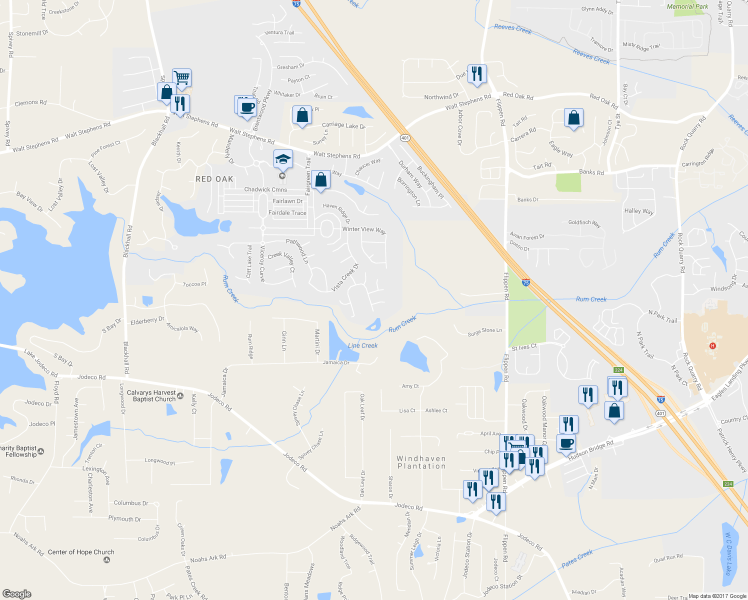map of restaurants, bars, coffee shops, grocery stores, and more near 2103 Palatine Pl in Stockbridge