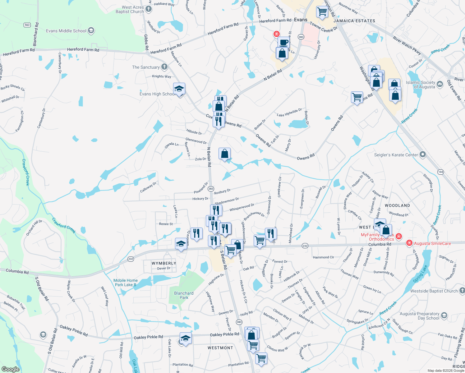 map of restaurants, bars, coffee shops, grocery stores, and more near 4429 Roxbury Drive in Evans