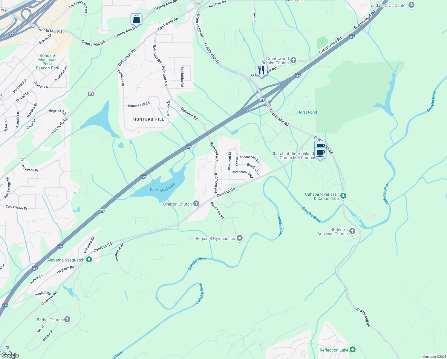 map of restaurants, bars, coffee shops, grocery stores, and more near 343 Barrington Ct in Irondale