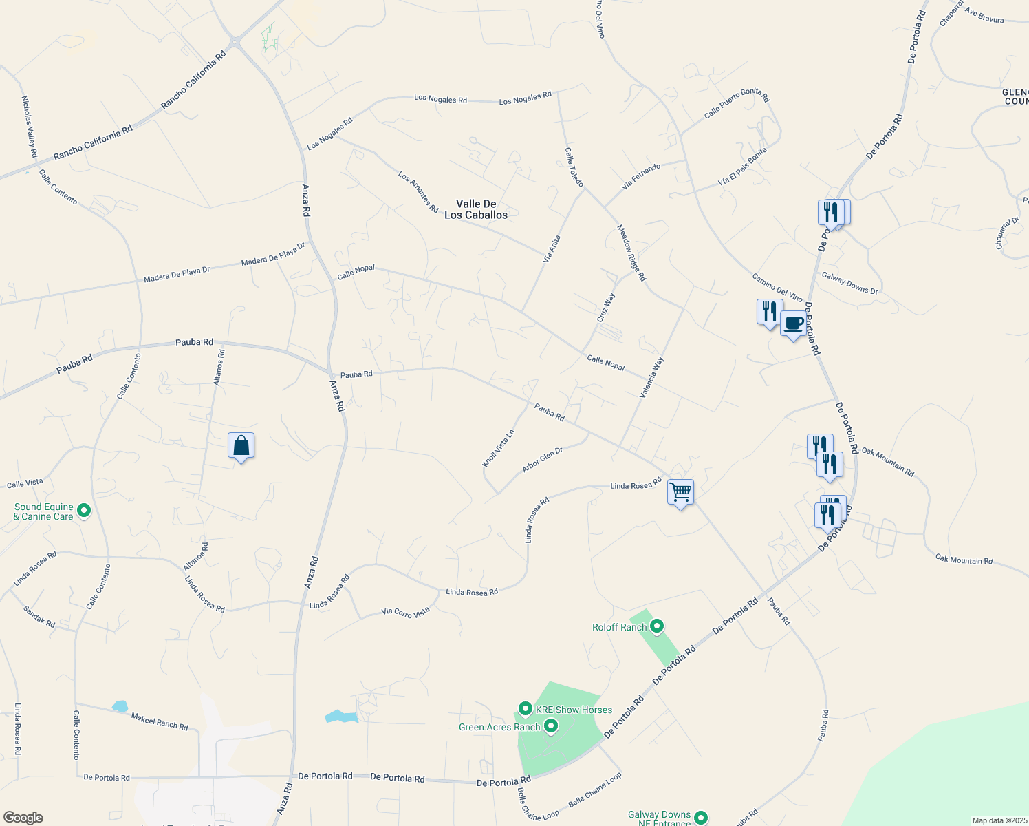 map of restaurants, bars, coffee shops, grocery stores, and more near 41779 Knoll Vista Lane in Temecula
