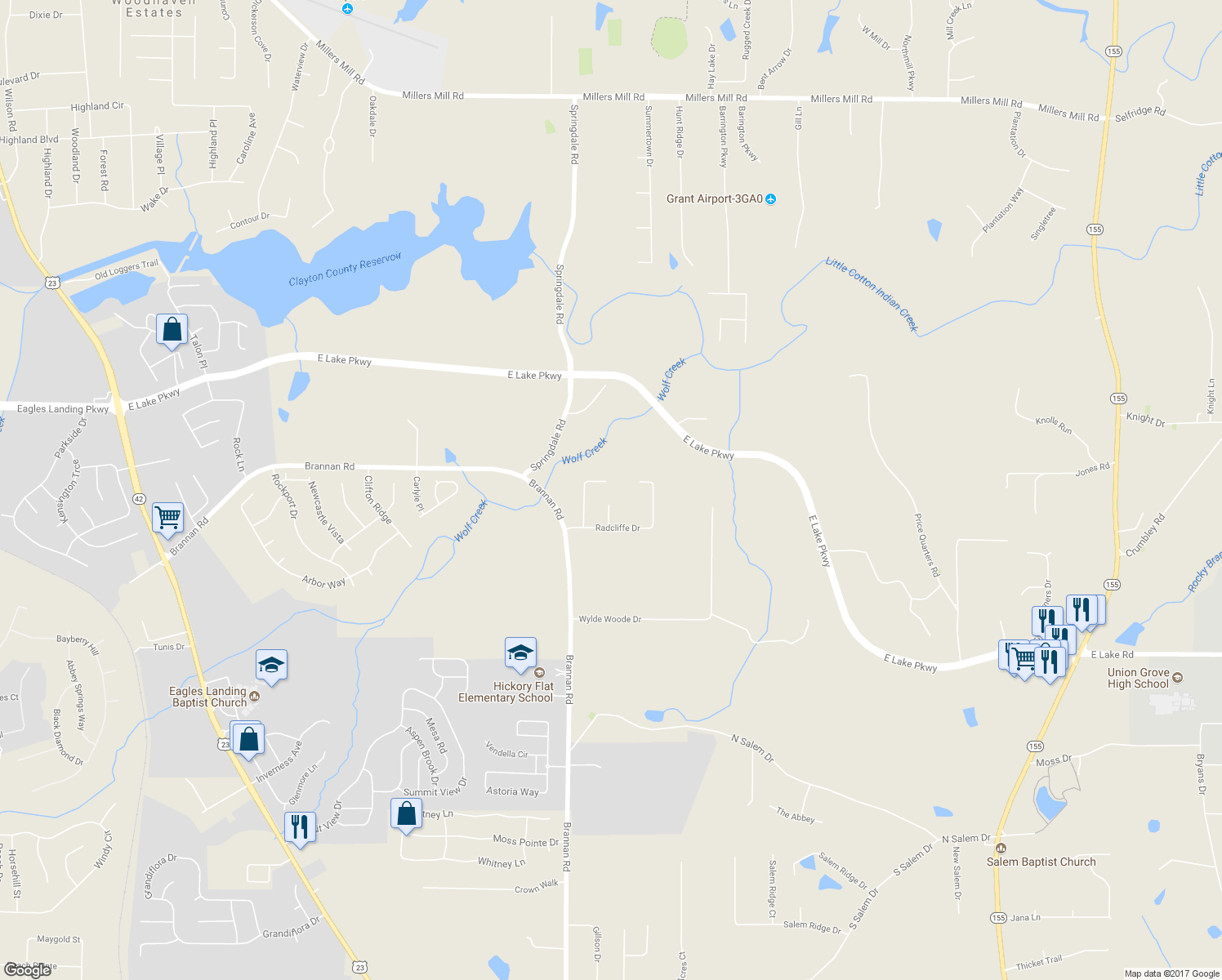 map of restaurants, bars, coffee shops, grocery stores, and more near 332 Warwick Place in McDonough