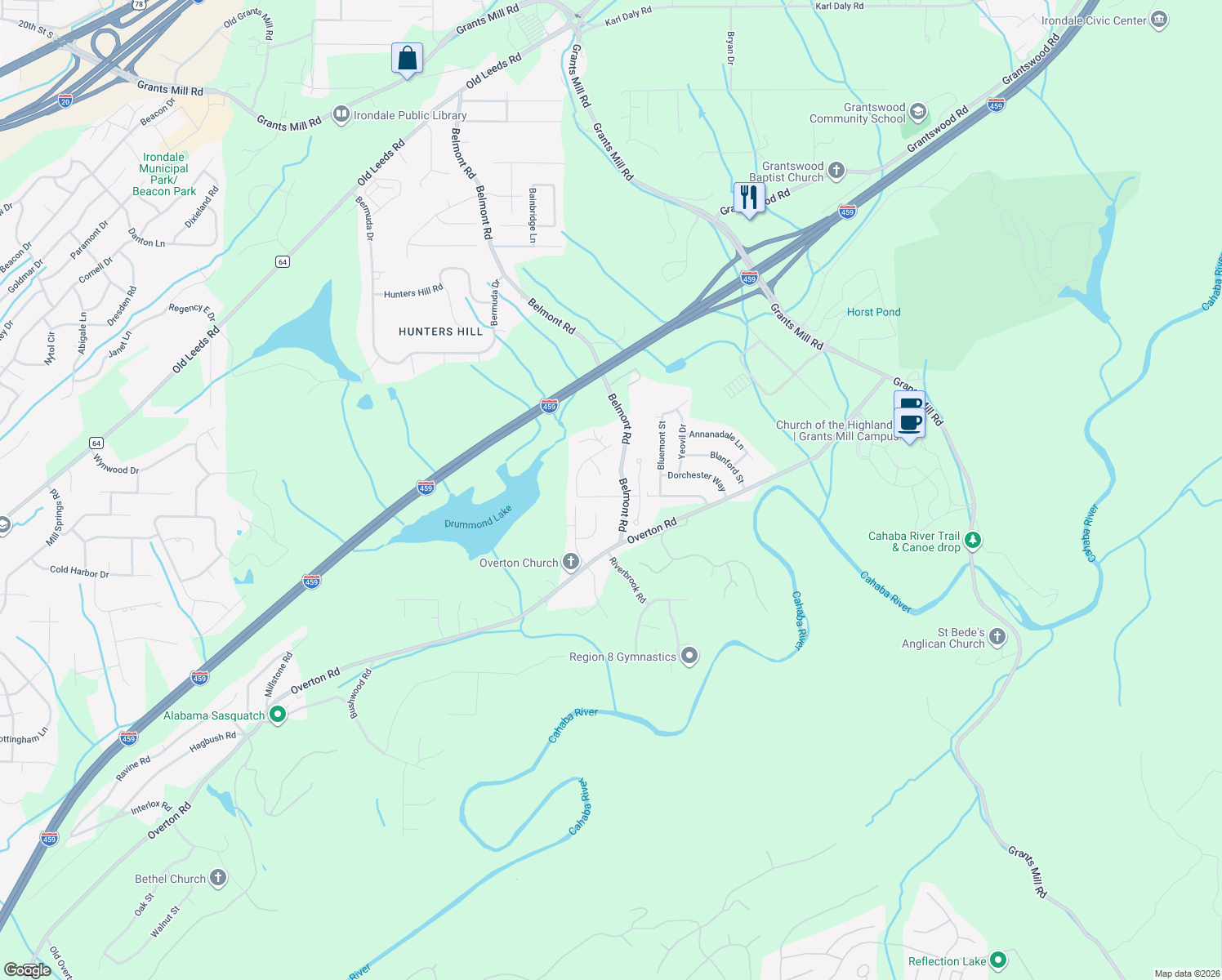 map of restaurants, bars, coffee shops, grocery stores, and more near 5616 Alexandria Drive in Irondale