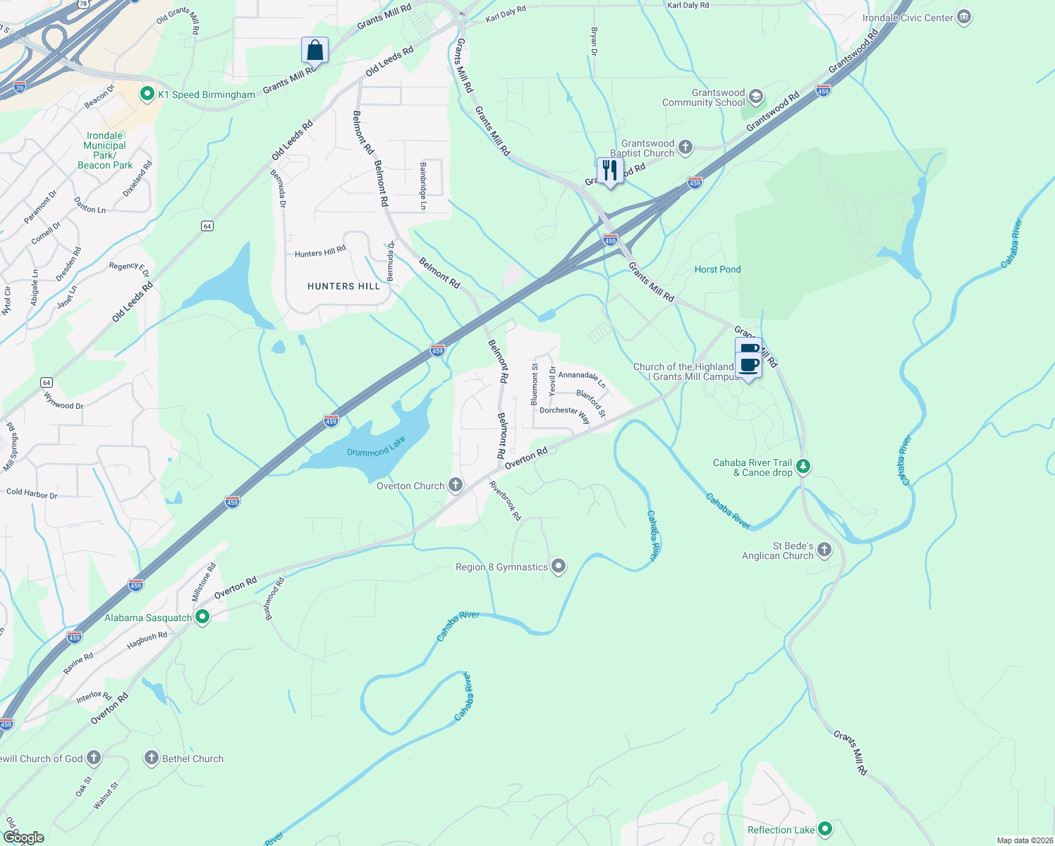 map of restaurants, bars, coffee shops, grocery stores, and more near 343 Barrington Court in Irondale