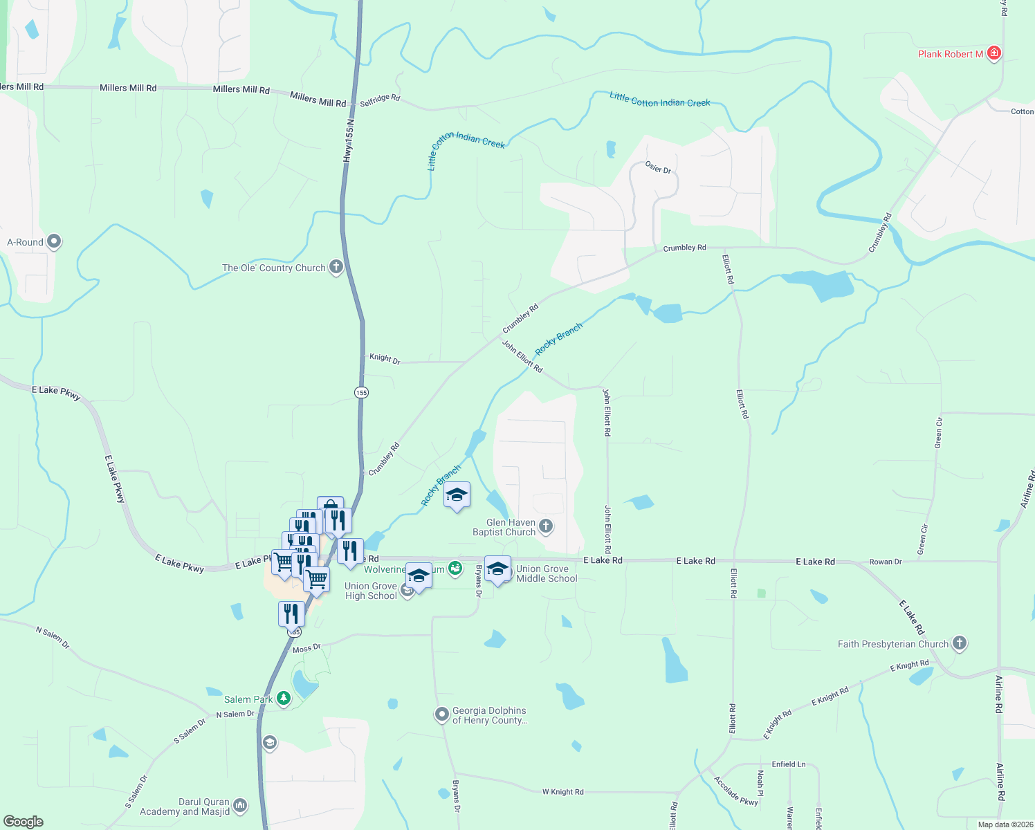 map of restaurants, bars, coffee shops, grocery stores, and more near 216 Shelton Dr in McDonough