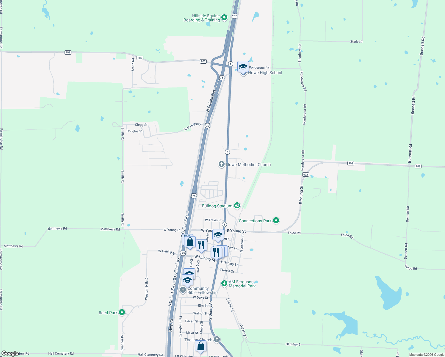 map of restaurants, bars, coffee shops, grocery stores, and more near 720 North Denny Street in Howe