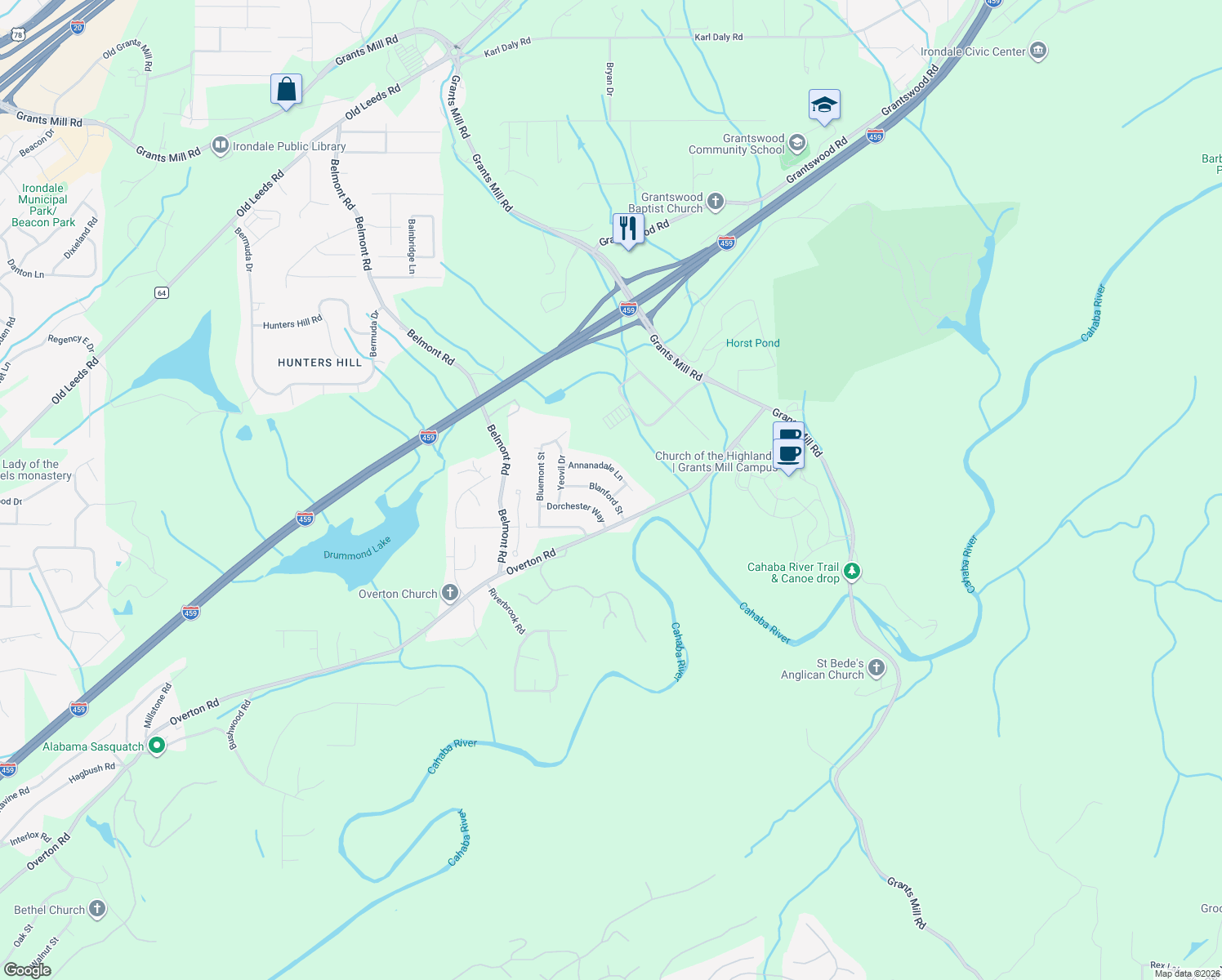map of restaurants, bars, coffee shops, grocery stores, and more near 5723 Blanford Street in Irondale
