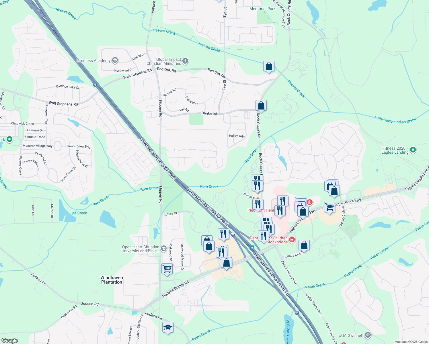 map of restaurants, bars, coffee shops, grocery stores, and more near 700 Brambling Way in Stockbridge