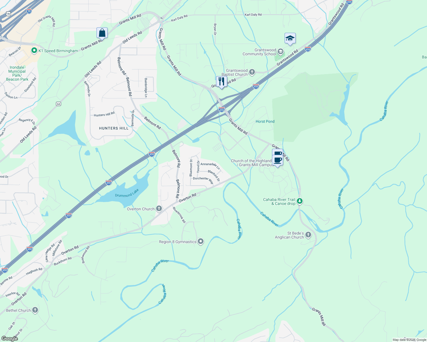 map of restaurants, bars, coffee shops, grocery stores, and more near 5723 Blanford Street in Irondale