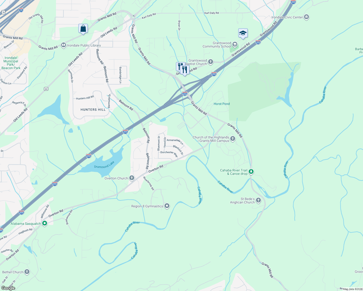 map of restaurants, bars, coffee shops, grocery stores, and more near 5723 Blanford Street in Irondale