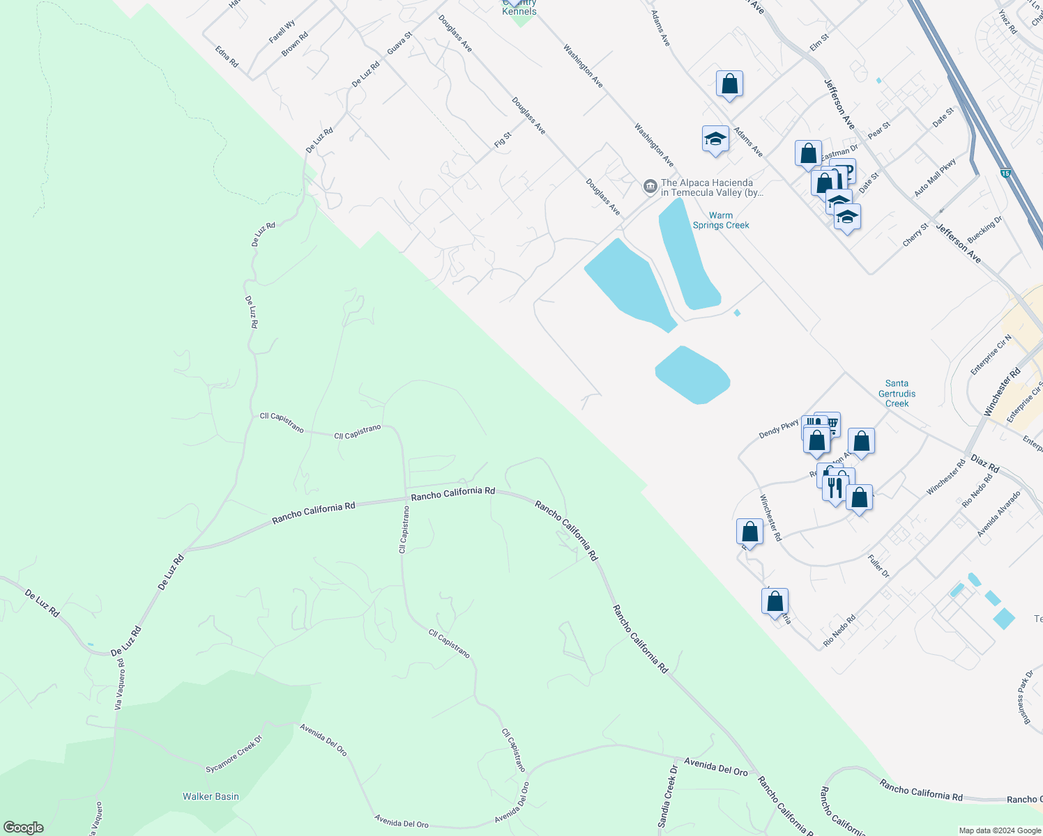 map of restaurants, bars, coffee shops, grocery stores, and more near 42600 Pradera Way in Temecula
