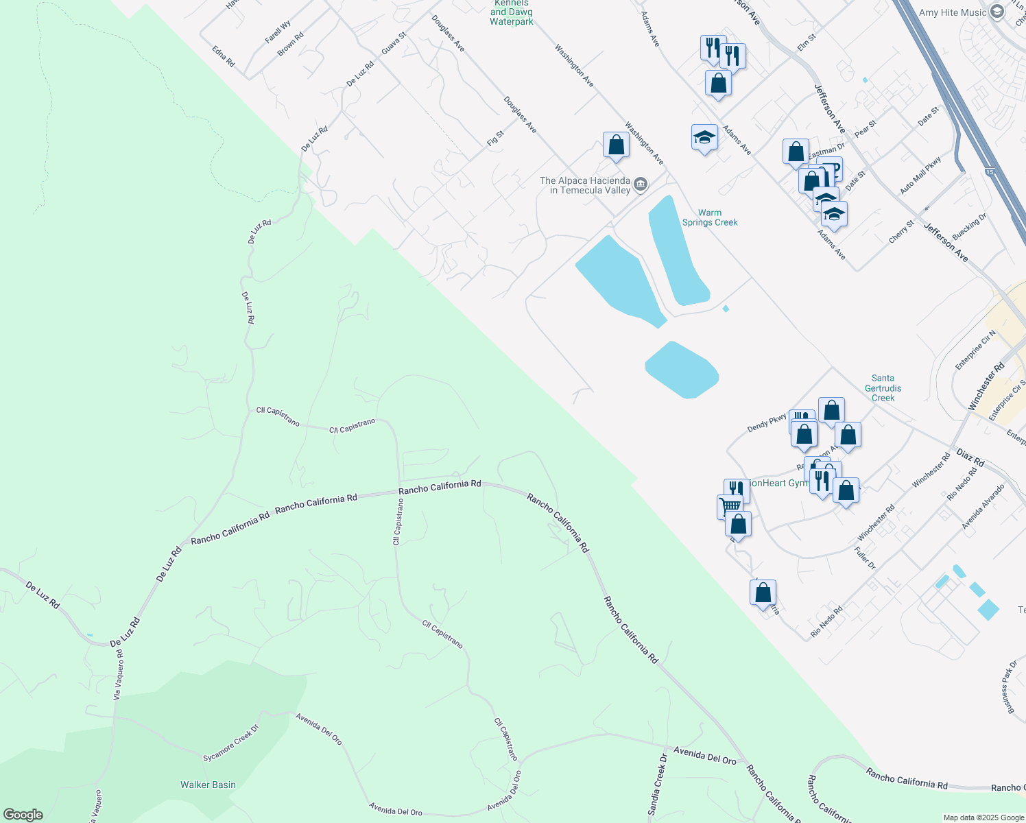 map of restaurants, bars, coffee shops, grocery stores, and more near 42600 Pradera Way in Temecula