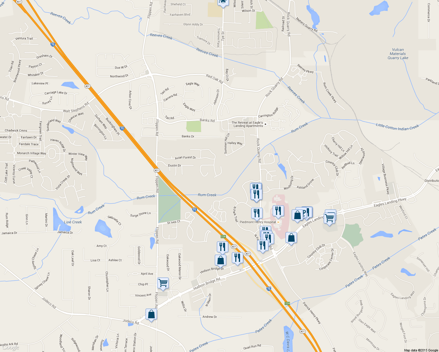 map of restaurants, bars, coffee shops, grocery stores, and more near 712 Brambling Way in Stockbridge