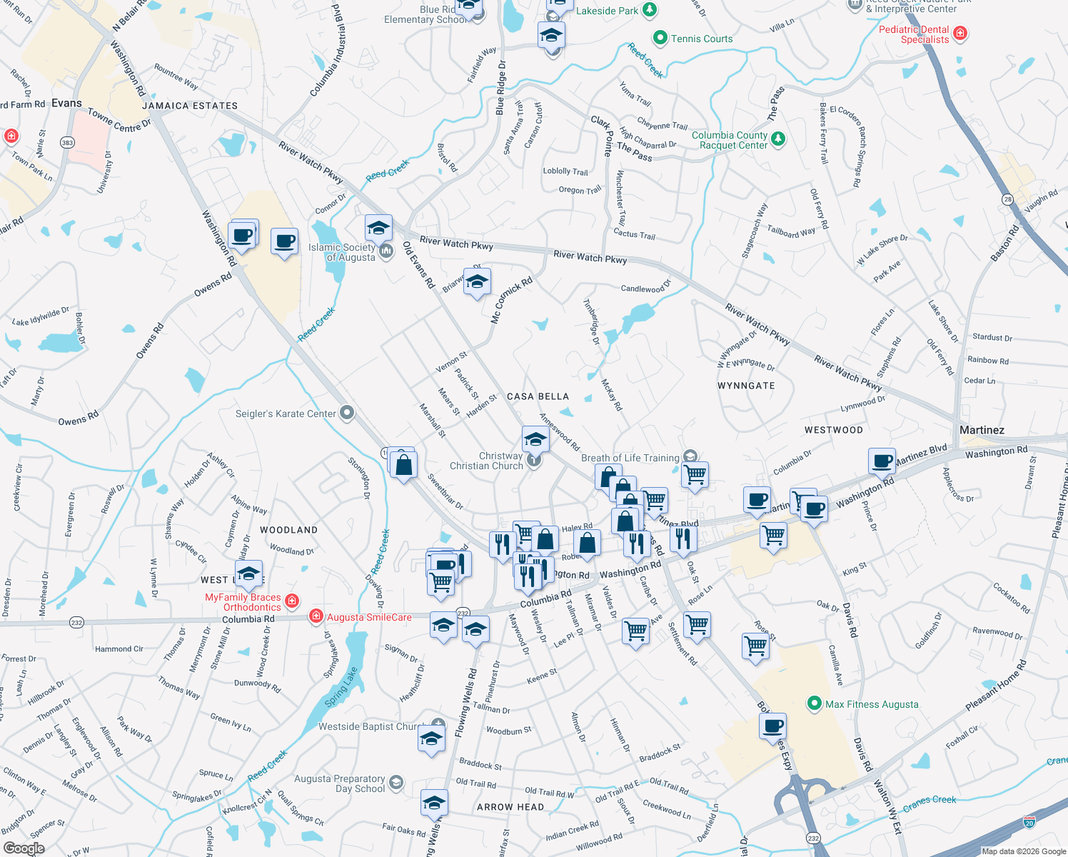 map of restaurants, bars, coffee shops, grocery stores, and more near 228 Old Evans Road in Augusta