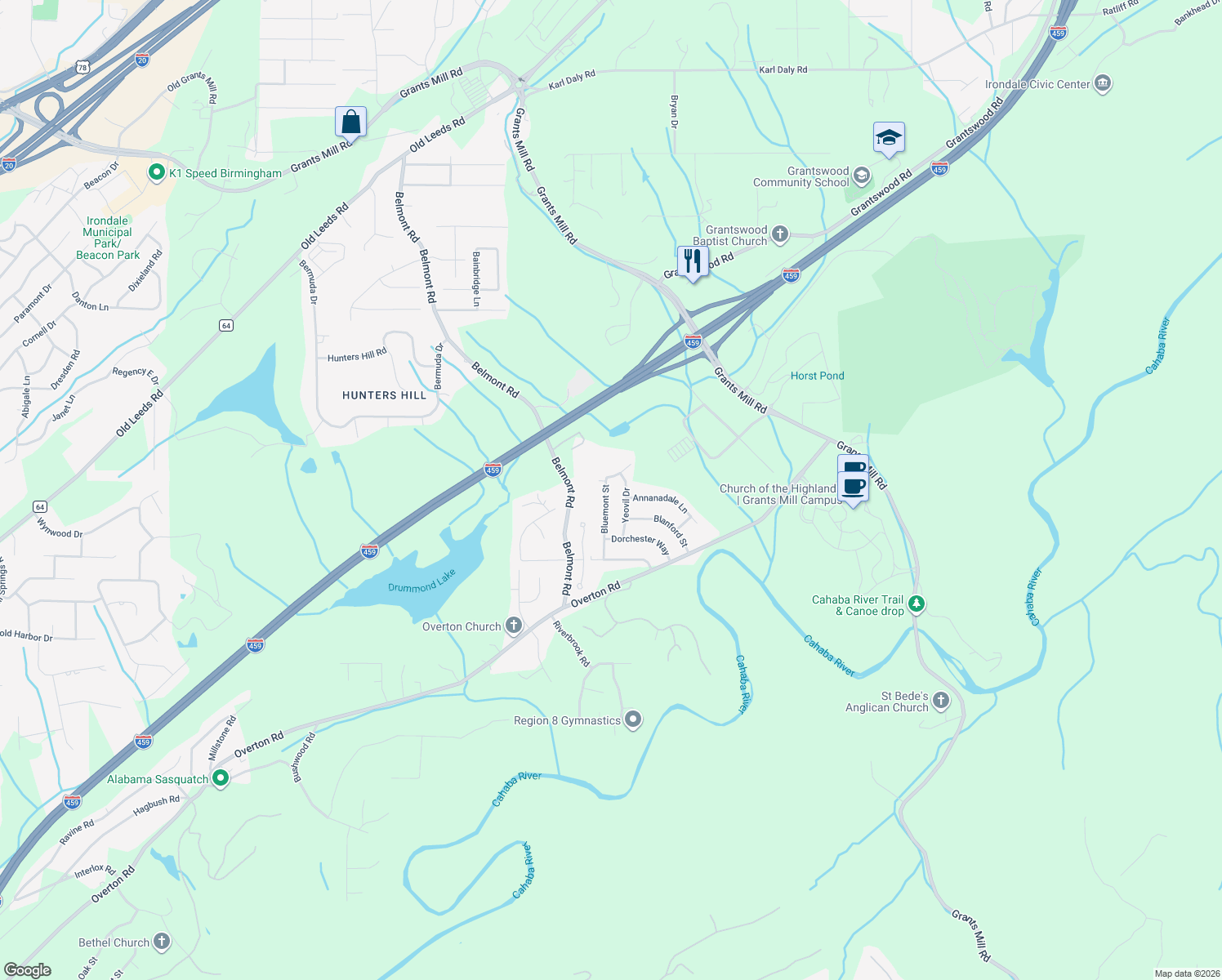map of restaurants, bars, coffee shops, grocery stores, and more near 4031 Sherborne Road in Irondale