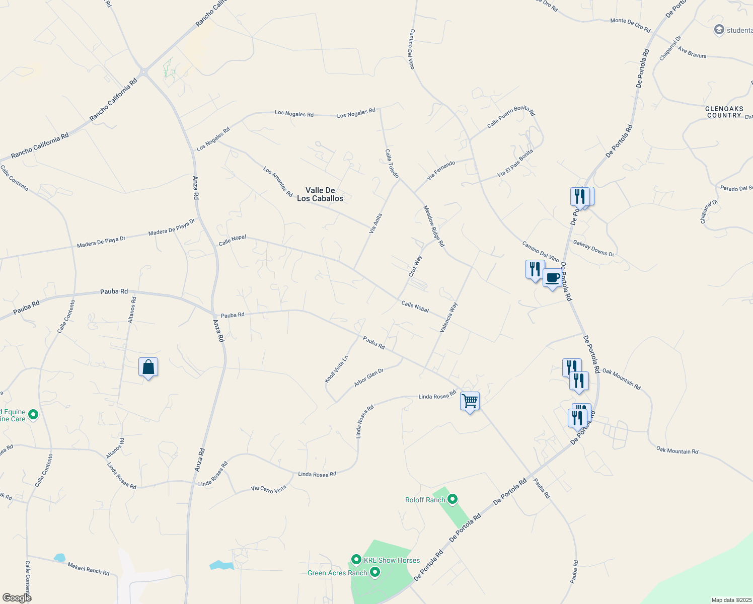 map of restaurants, bars, coffee shops, grocery stores, and more near 35715 Calle Nopal in Temecula