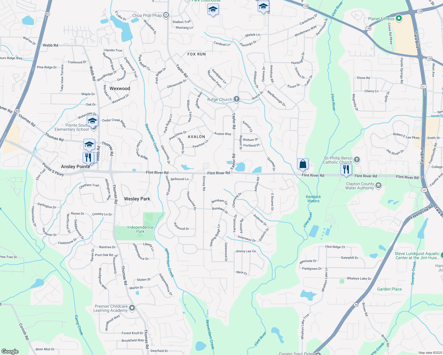 map of restaurants, bars, coffee shops, grocery stores, and more near 60 Flint River Rd in Jonesboro