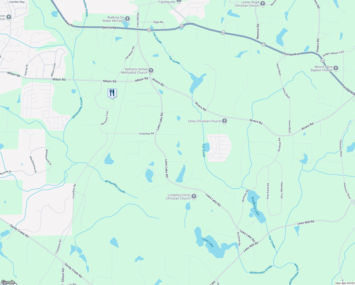 map of restaurants, bars, coffee shops, grocery stores, and more near 155 Virginia Place in Fayetteville