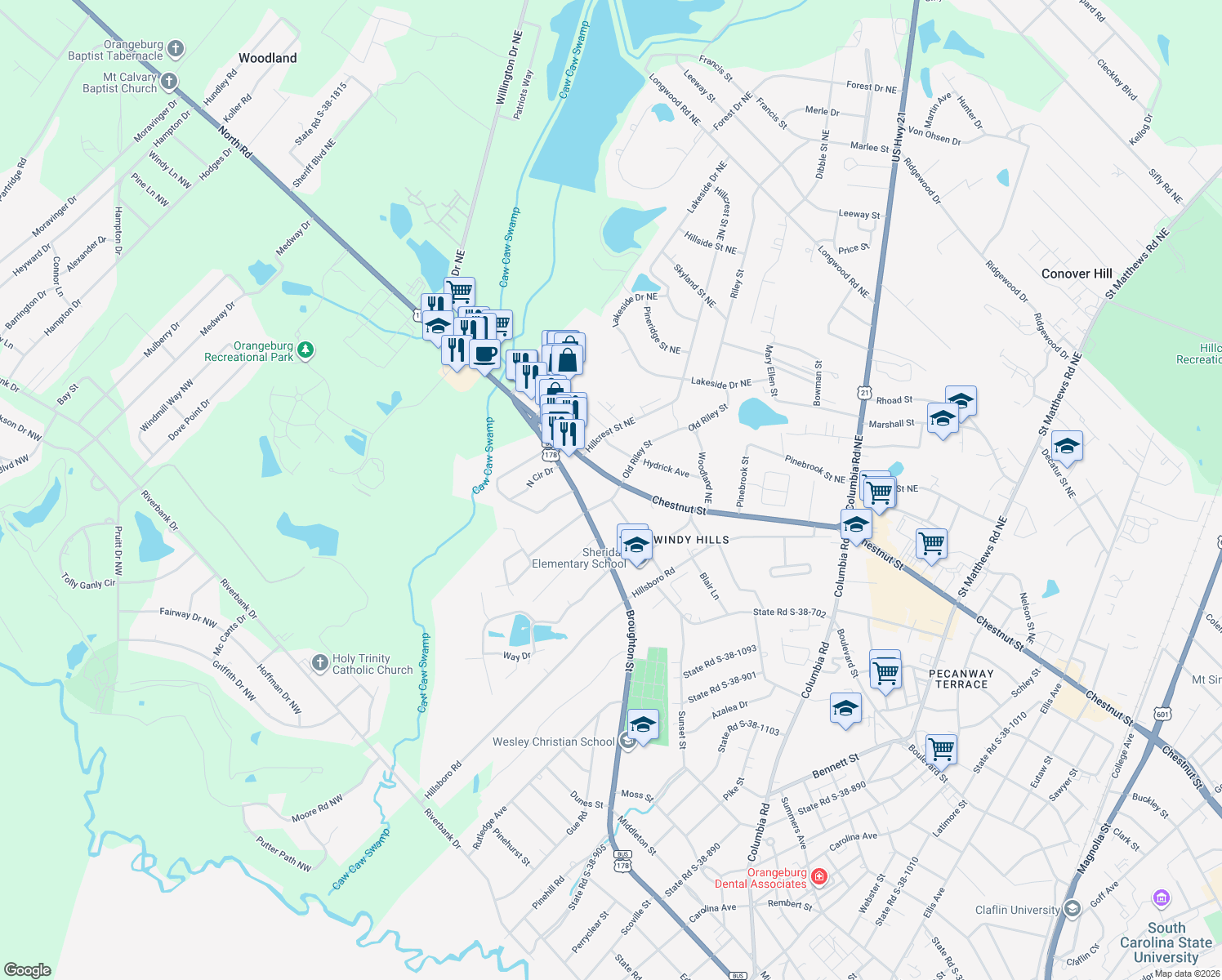 map of restaurants, bars, coffee shops, grocery stores, and more near 2219 Chestnut Street in Orangeburg