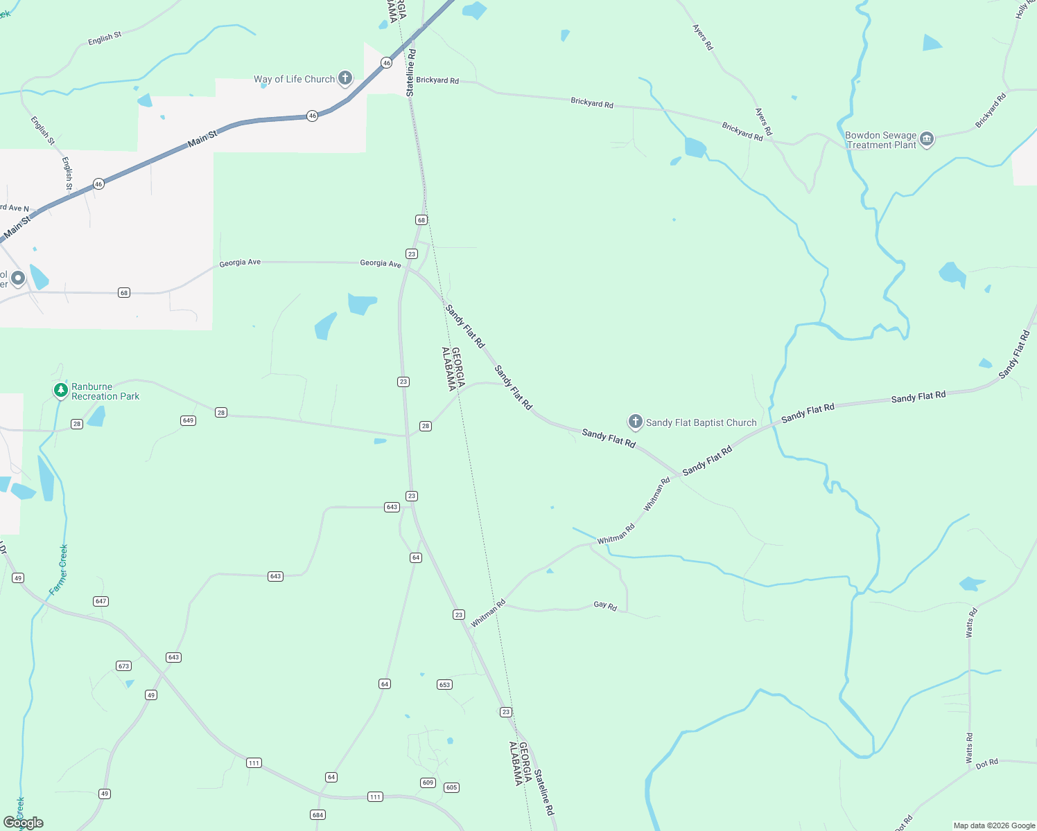 map of restaurants, bars, coffee shops, grocery stores, and more near 1810 Sandy Flat Rd in Bowdon