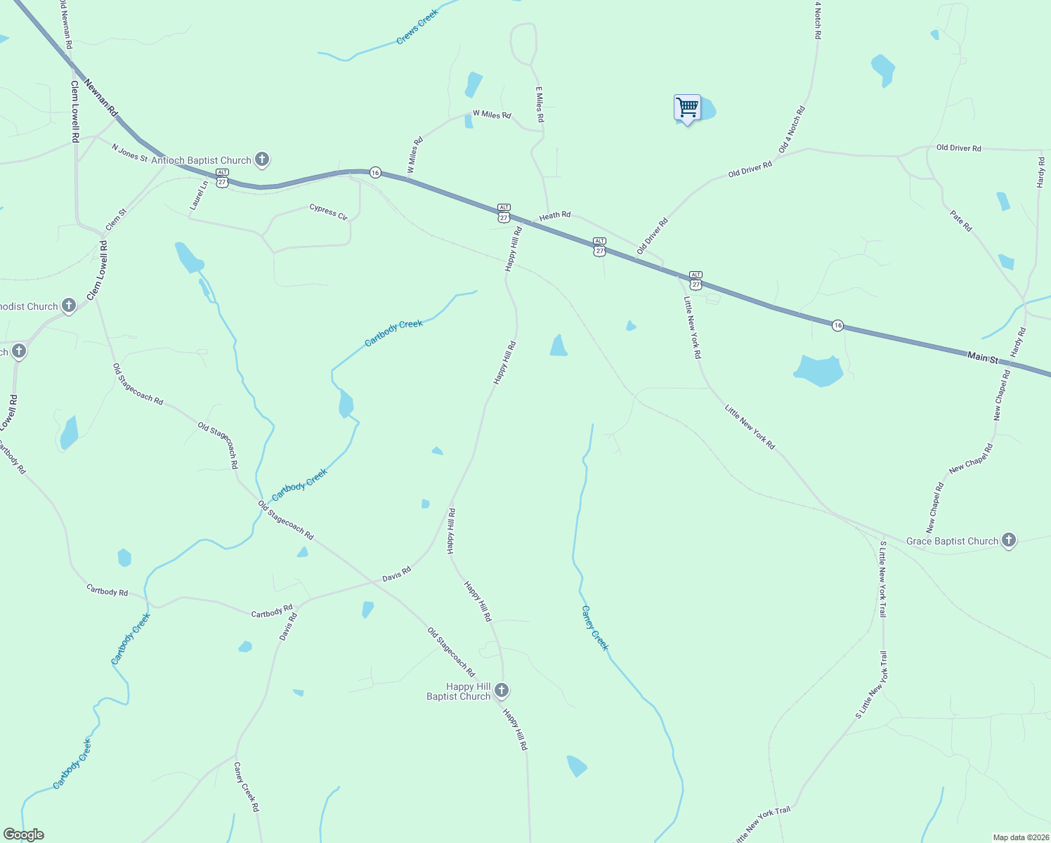 map of restaurants, bars, coffee shops, grocery stores, and more near 360 Happy Hill Road in Carrollton