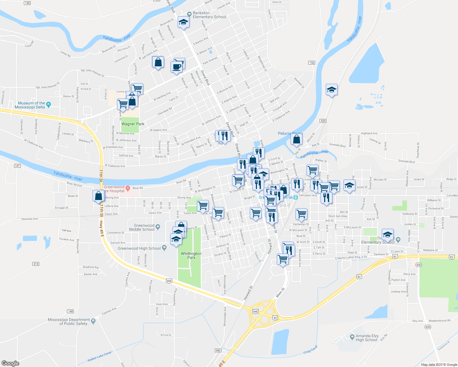 map of restaurants, bars, coffee shops, grocery stores, and more near Henderson St & W Washington St in Greenwood