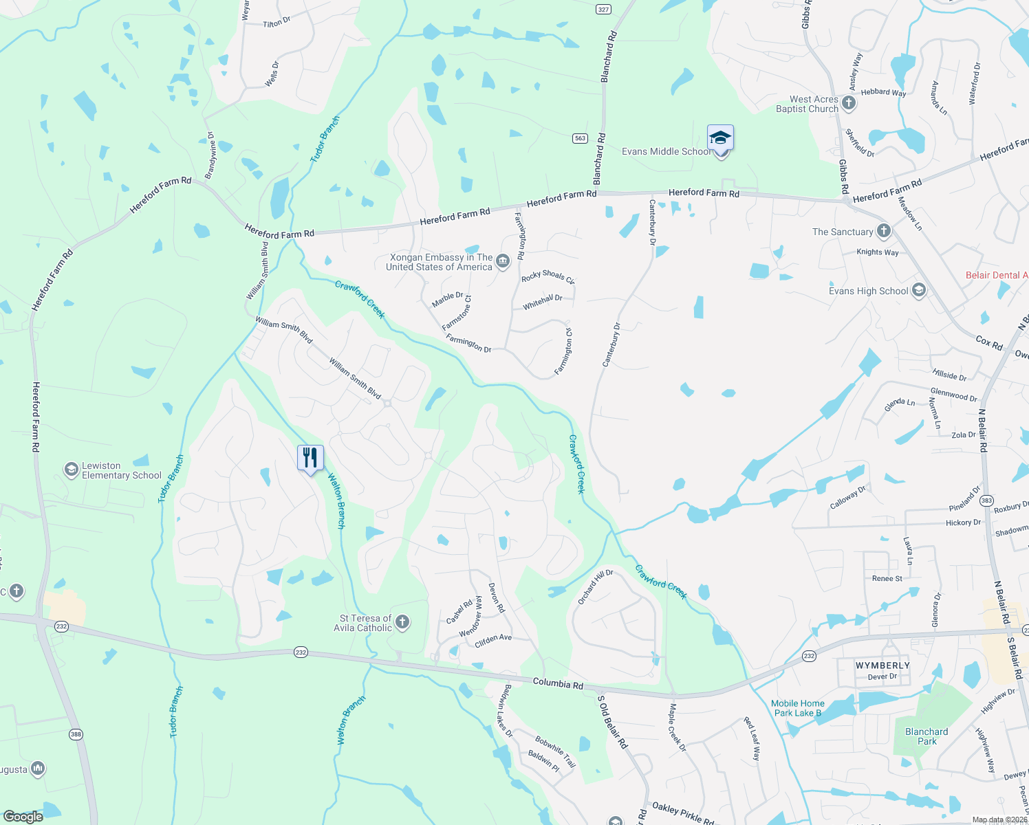 map of restaurants, bars, coffee shops, grocery stores, and more near 516 Farmington Circle in Evans