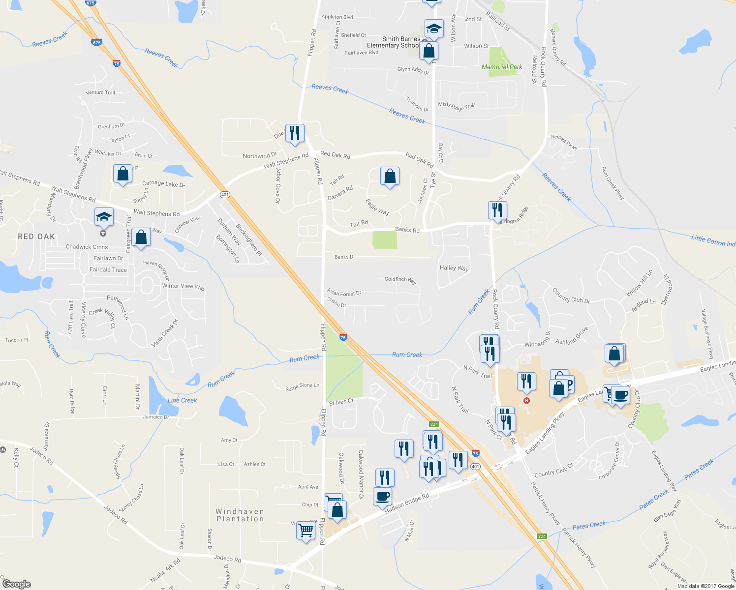 map of restaurants, bars, coffee shops, grocery stores, and more near 380 Avian Forest Drive in Stockbridge