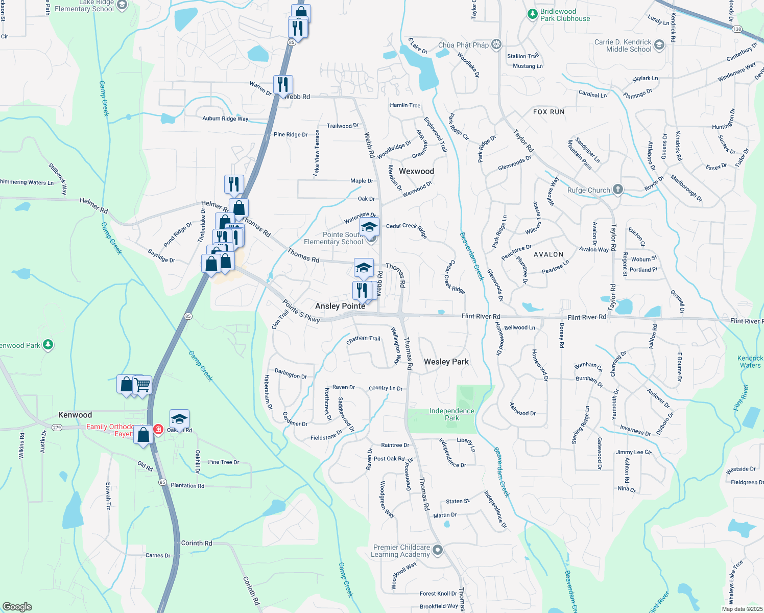 map of restaurants, bars, coffee shops, grocery stores, and more near 8668 Webb Road in Riverdale