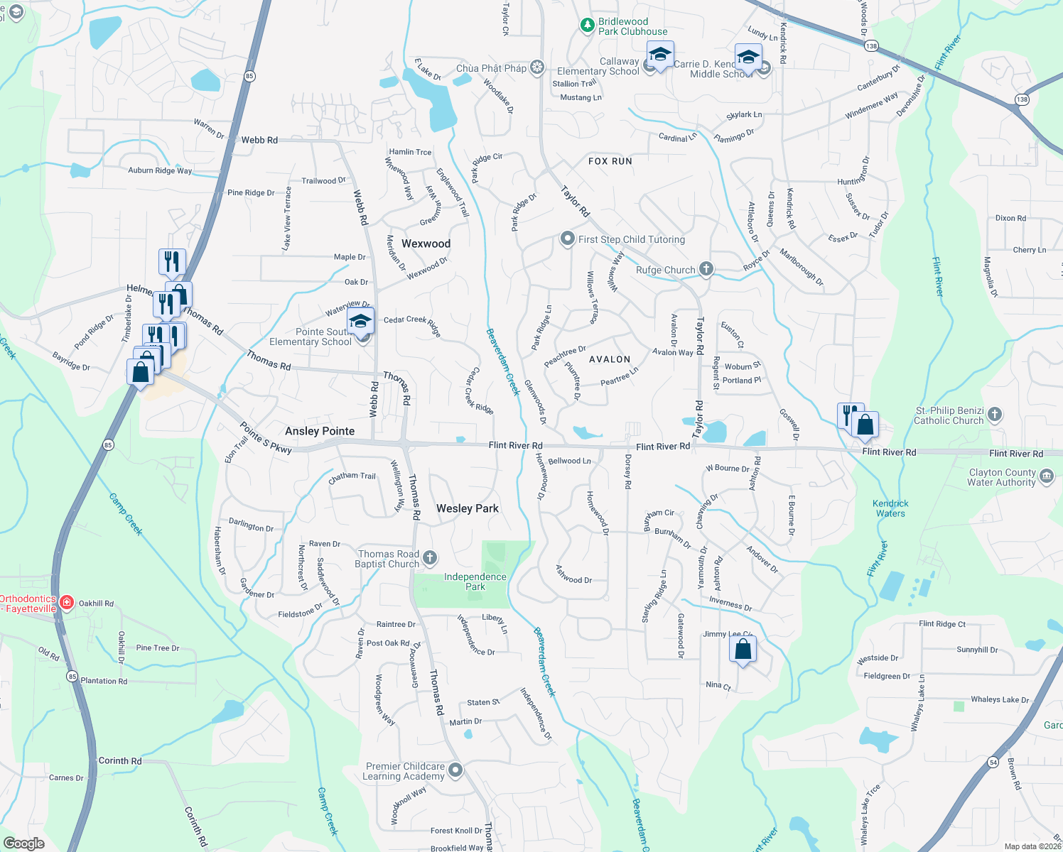 map of restaurants, bars, coffee shops, grocery stores, and more near 8645 Glenwoods Dr in Riverdale
