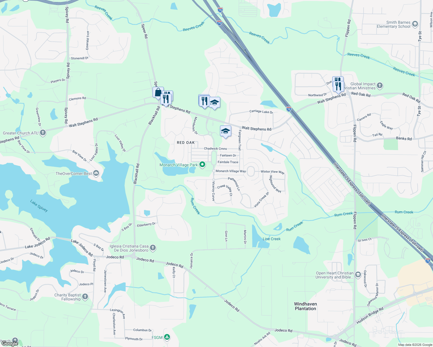 map of restaurants, bars, coffee shops, grocery stores, and more near 274 Monarch Village Way in Stockbridge