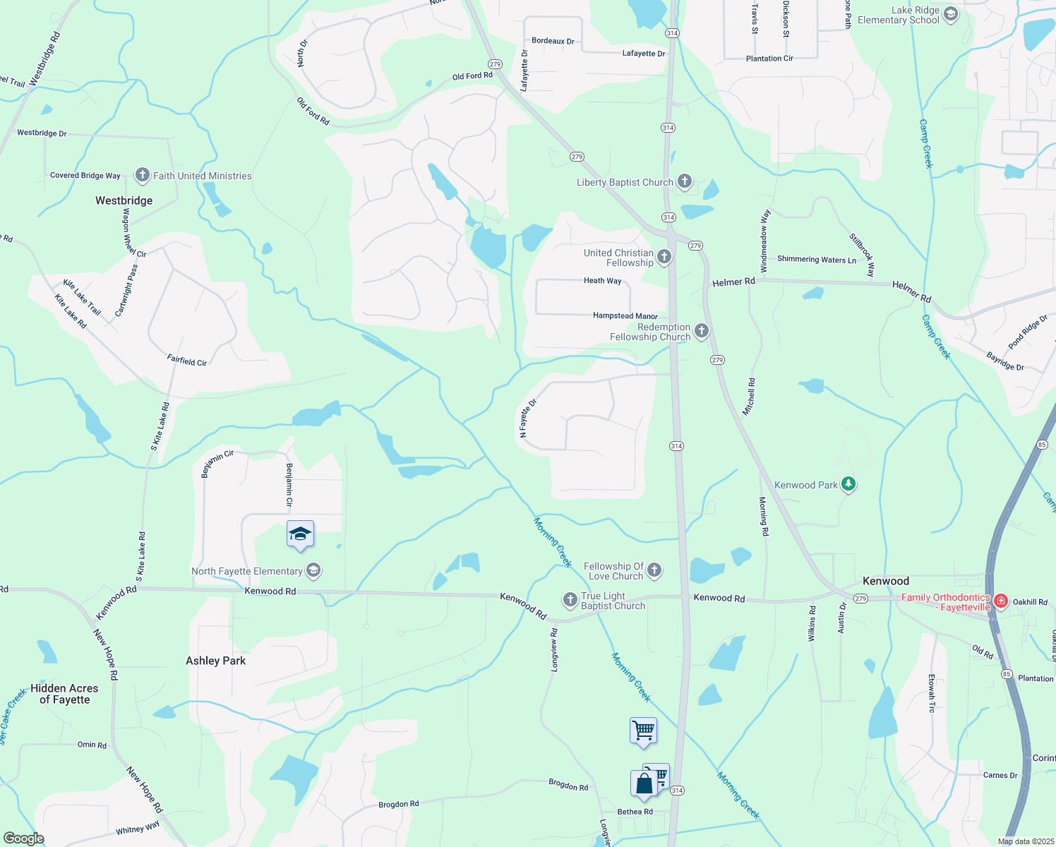 map of restaurants, bars, coffee shops, grocery stores, and more near 260 North Fayette Drive in Fayetteville
