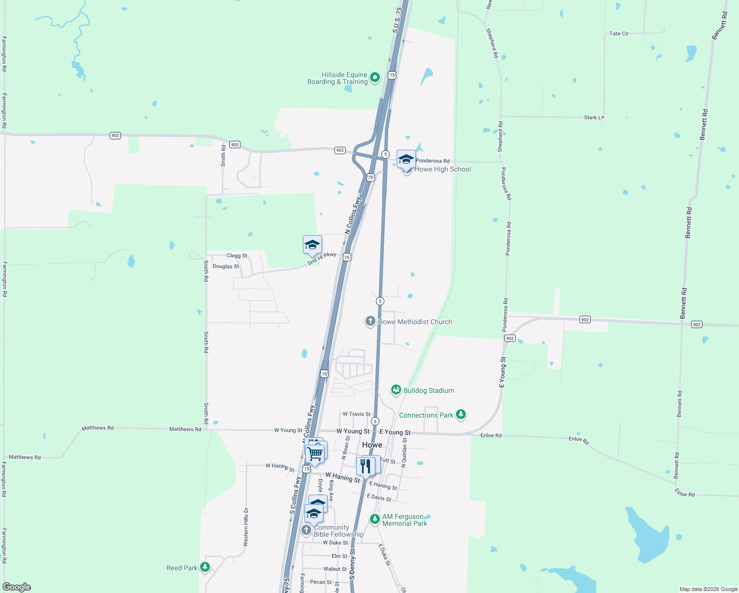 map of restaurants, bars, coffee shops, grocery stores, and more near 1000 North Denny Street in Howe