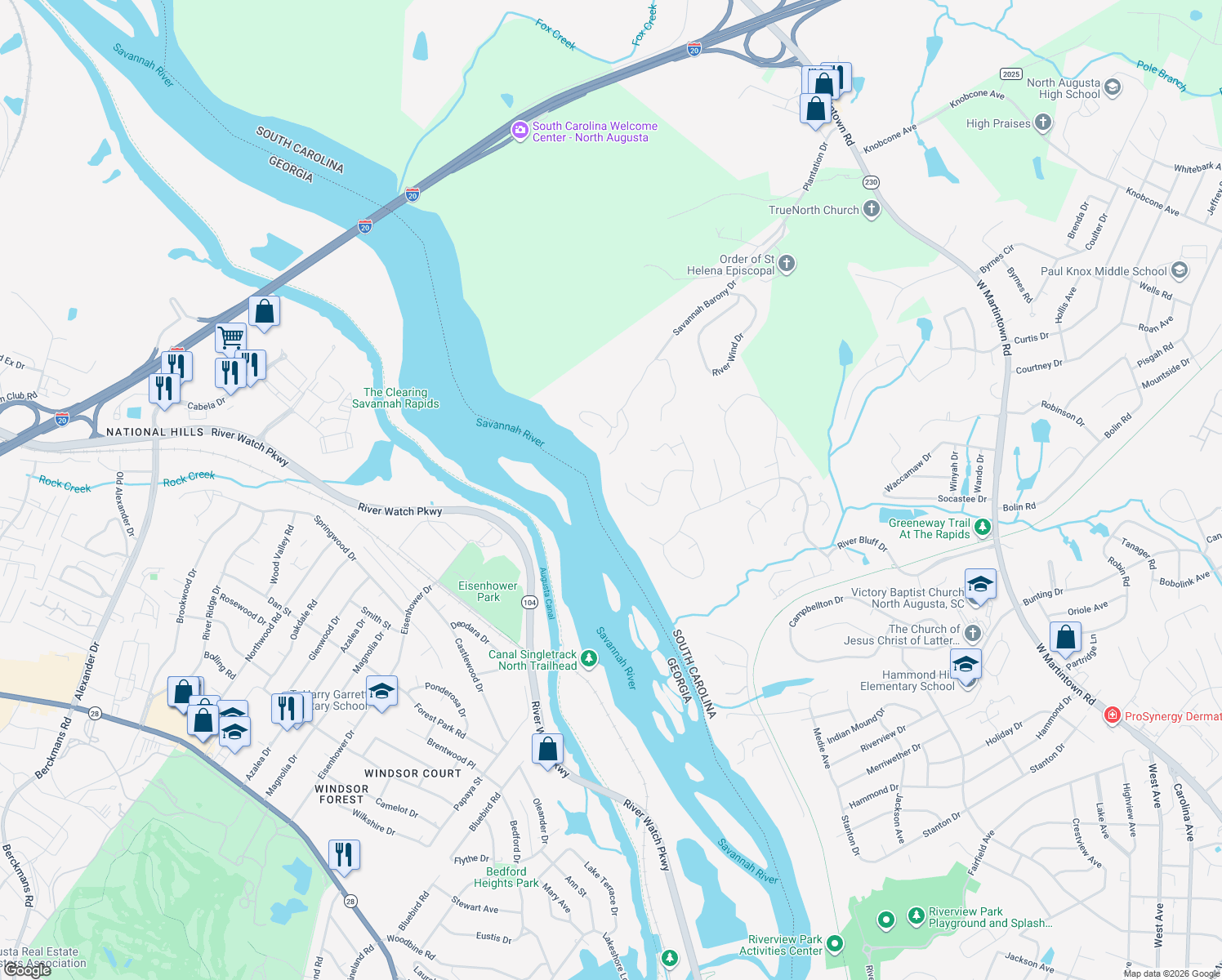 map of restaurants, bars, coffee shops, grocery stores, and more near 355 Osprey Point in North Augusta