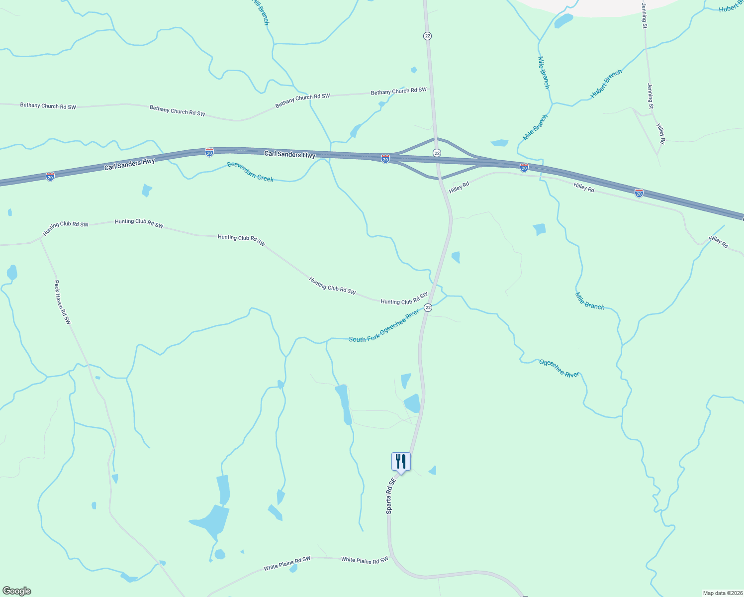 map of restaurants, bars, coffee shops, grocery stores, and more near 299 Hunting Club Road Southwest in Crawfordville