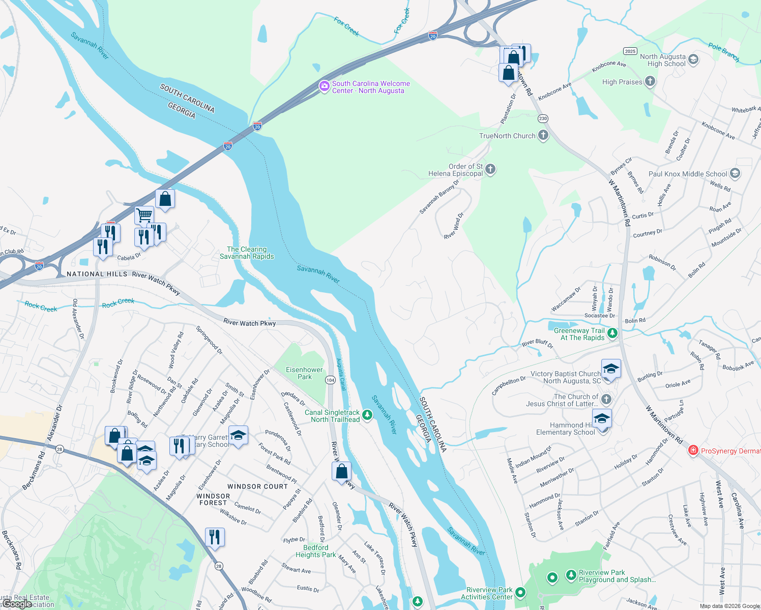 map of restaurants, bars, coffee shops, grocery stores, and more near 76 Shoals Way Court in North Augusta