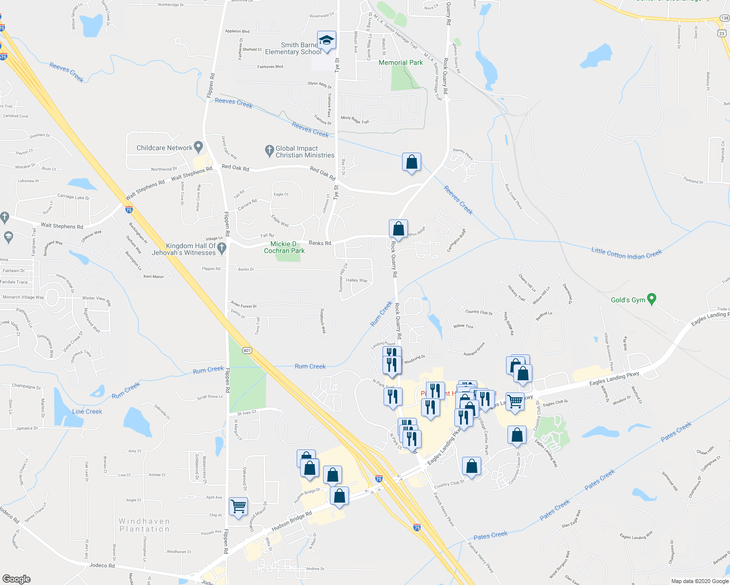 map of restaurants, bars, coffee shops, grocery stores, and more near 346 Summer Hill Circle in Stockbridge