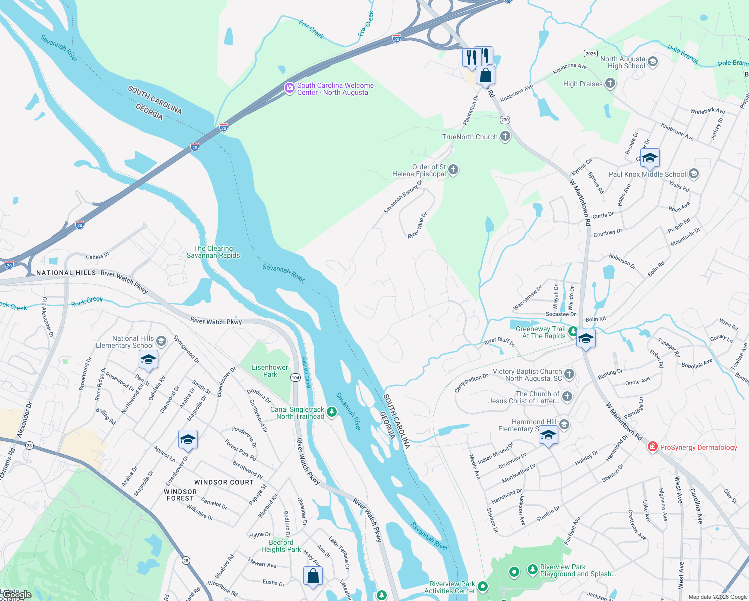 map of restaurants, bars, coffee shops, grocery stores, and more near 230 Osprey Point in North Augusta