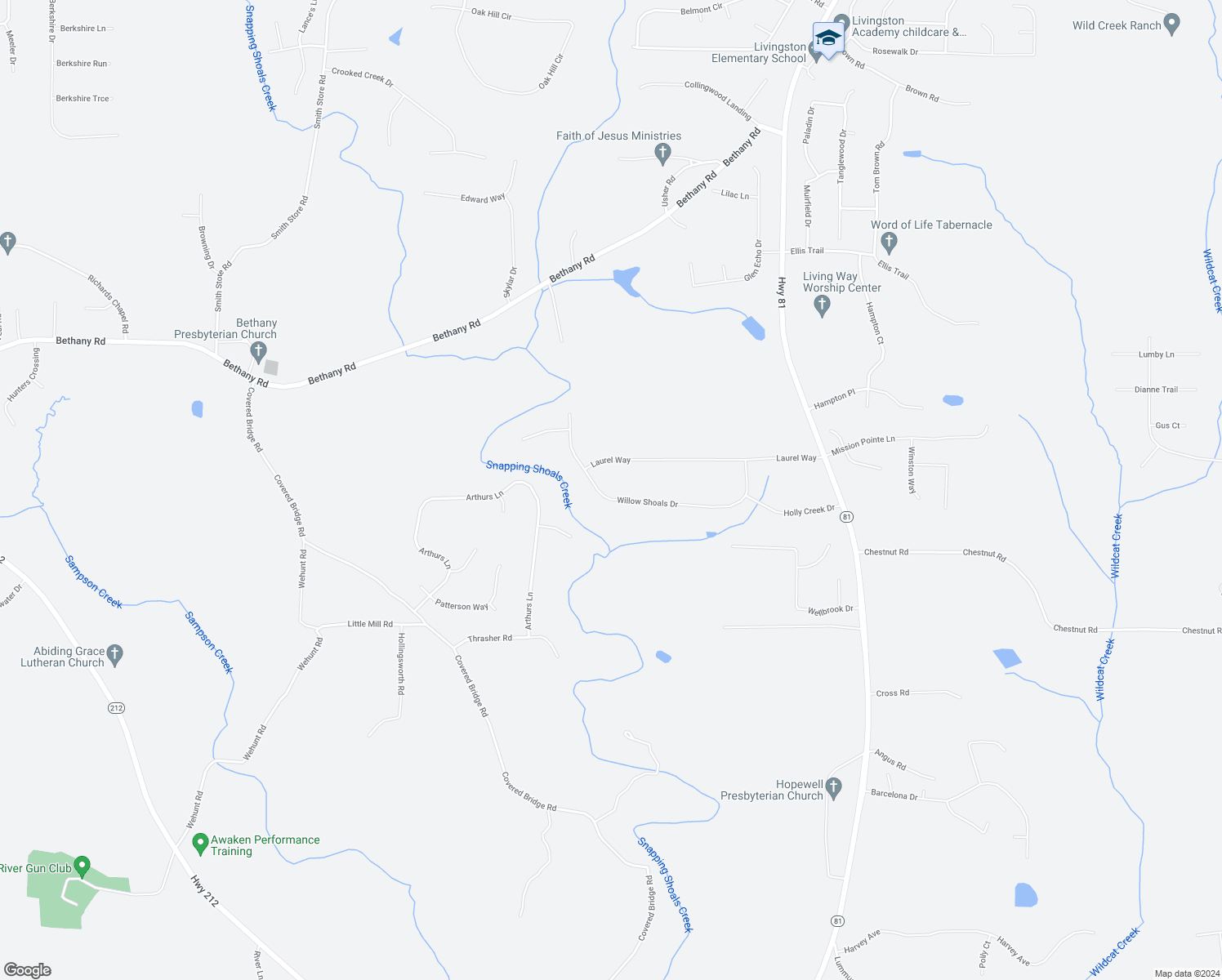 map of restaurants, bars, coffee shops, grocery stores, and more near 250 Willow Shoals Drive in Covington
