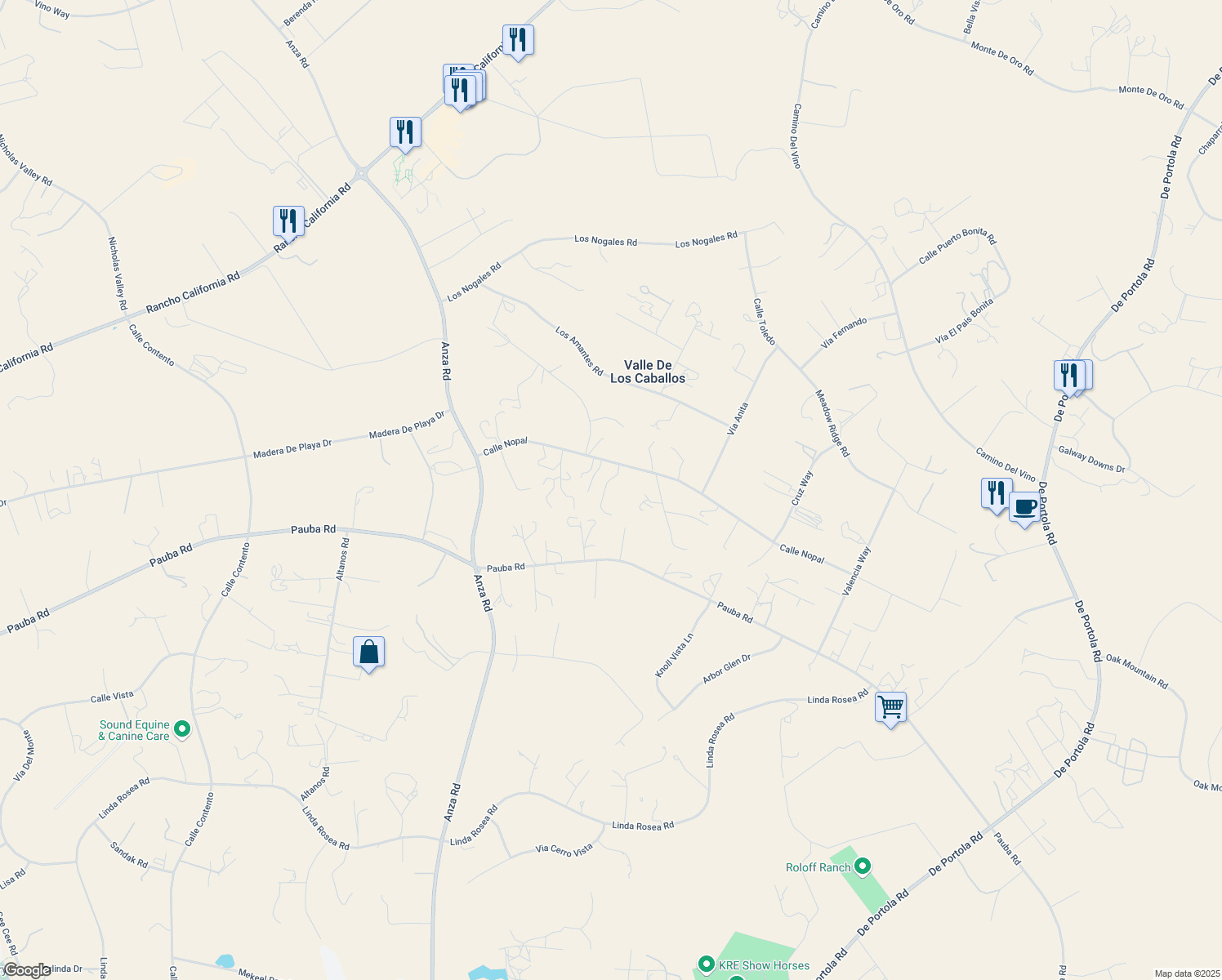 map of restaurants, bars, coffee shops, grocery stores, and more near 35435 Calle Nopal in Temecula