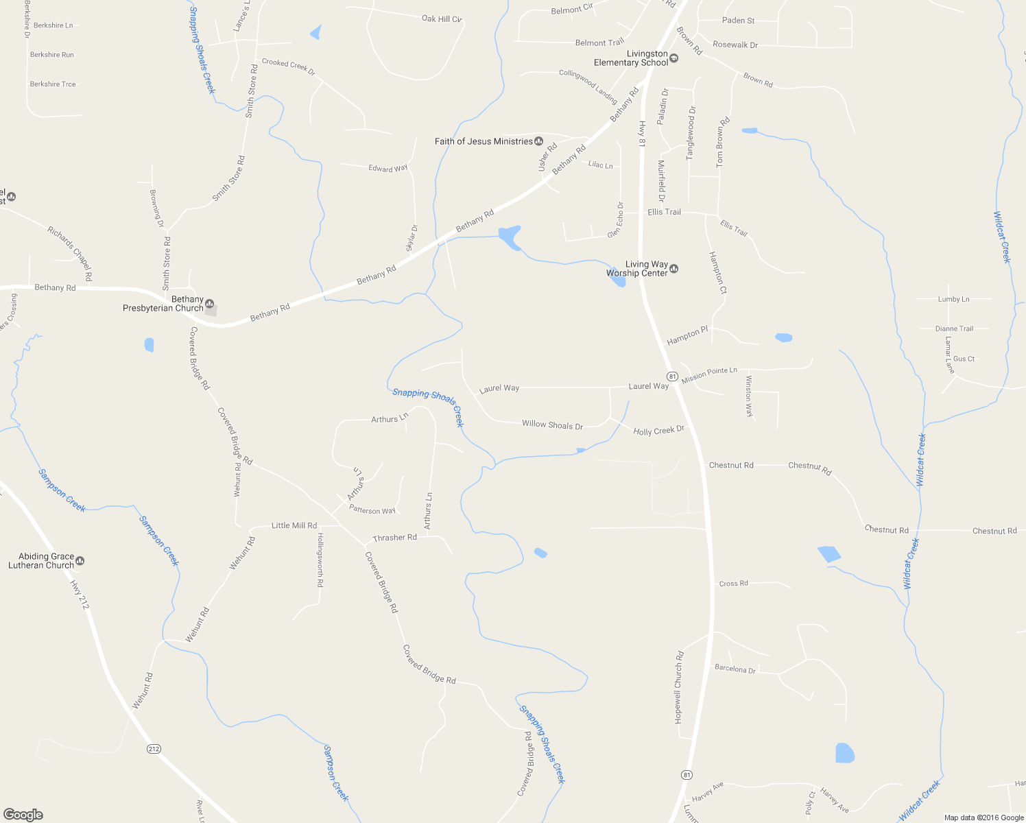 map of restaurants, bars, coffee shops, grocery stores, and more near 220 Willow Shoals Drive in Covington