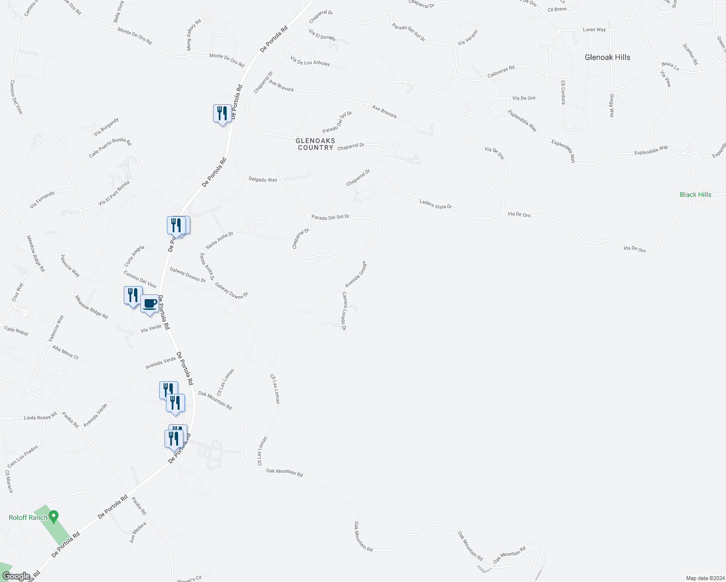 map of restaurants, bars, coffee shops, grocery stores, and more near 41538 Avenida Ortega in Temecula